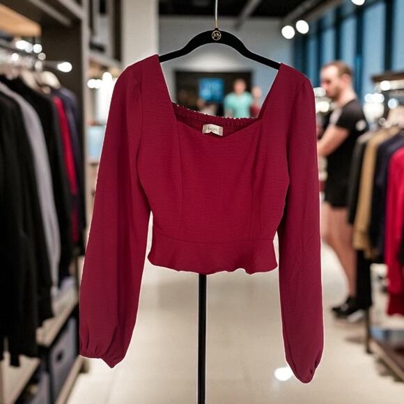 Altar’d State Long Sleeve Peplum Crop Top – Size Small – Red Wine Color - Picture 1 of 7